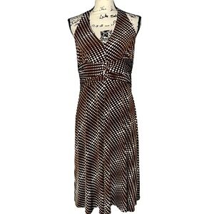 Sushi Flower Brown Polka Dot Halter Midi Dress Retro Pinup V-Neck Large USA